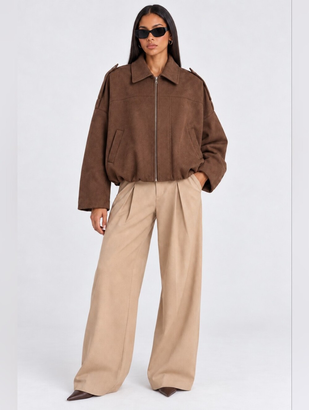Chocolate Brown Bubble Hem Faux Suede Oversized Cropped Bomber Jacket Sz M Zippe